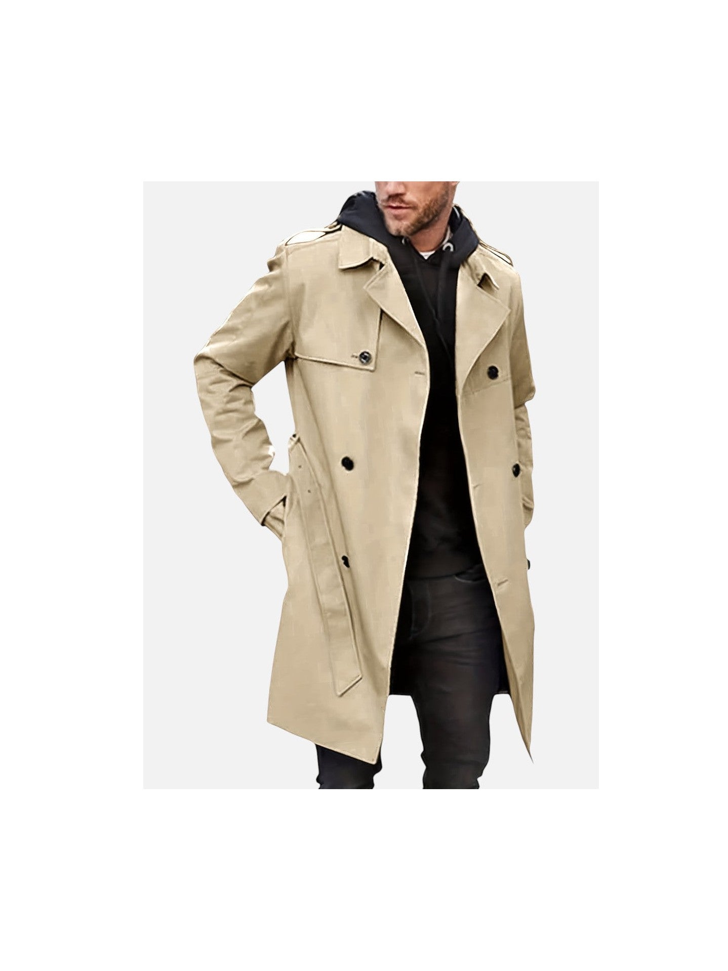 Men's Durable Fabric Black Trench Coat | Classic Double-Breasted Stylish Outerwear 0