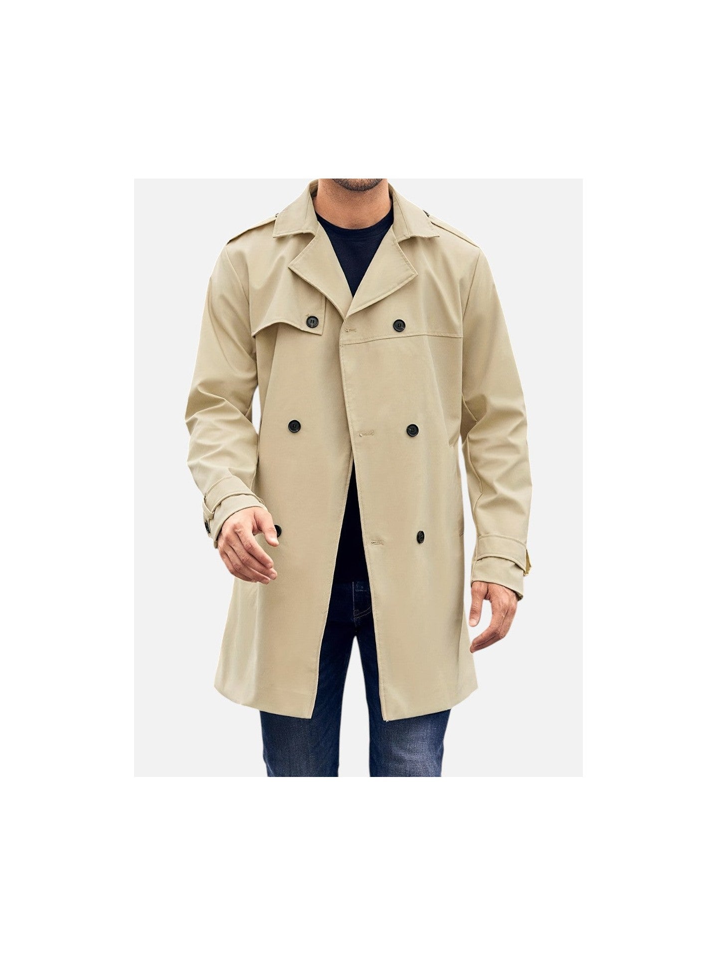 Men's Durable Fabric Black Trench Coat | Classic Double-Breasted Stylish Outerwear 1