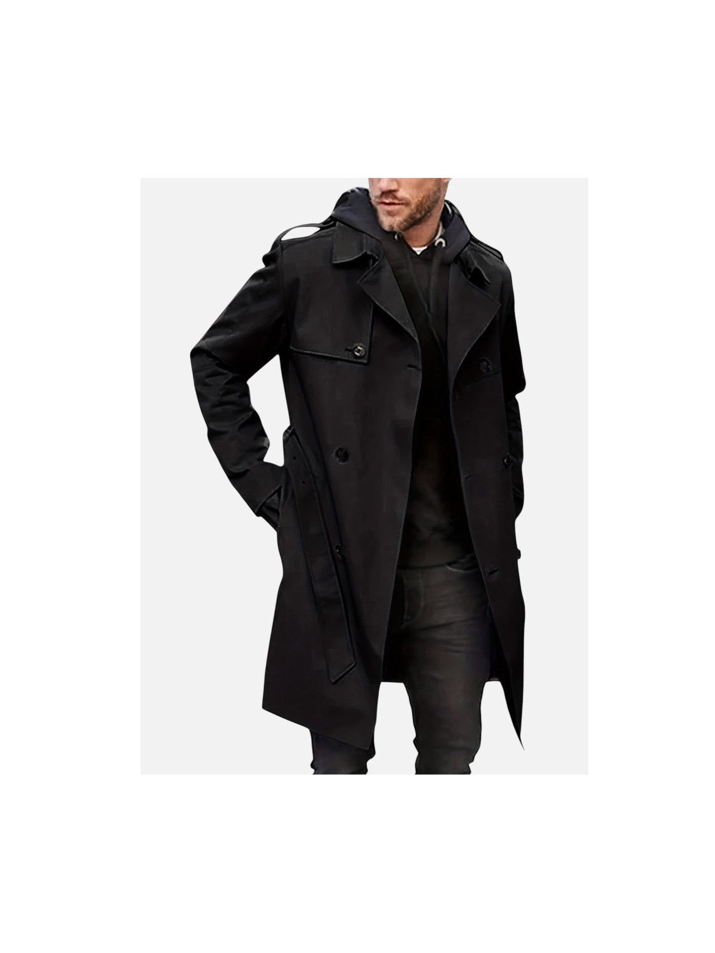 Men's Durable Fabric Black Trench Coat | Classic Double-Breasted Stylish Outerwear 4