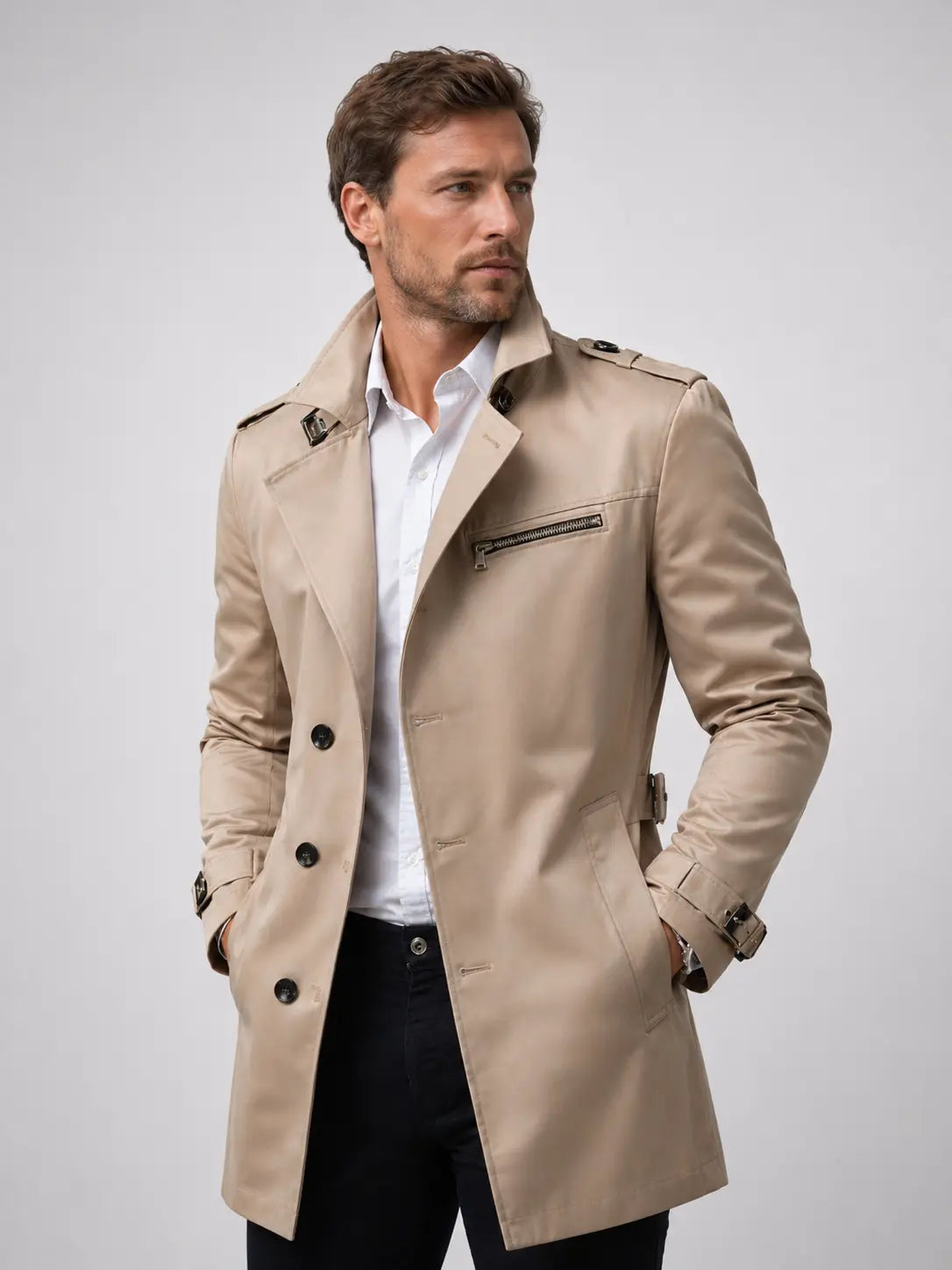 Men's Durable Fabric Tailored Trench Coat | Classic Structured Knee-Length Outerwear 0