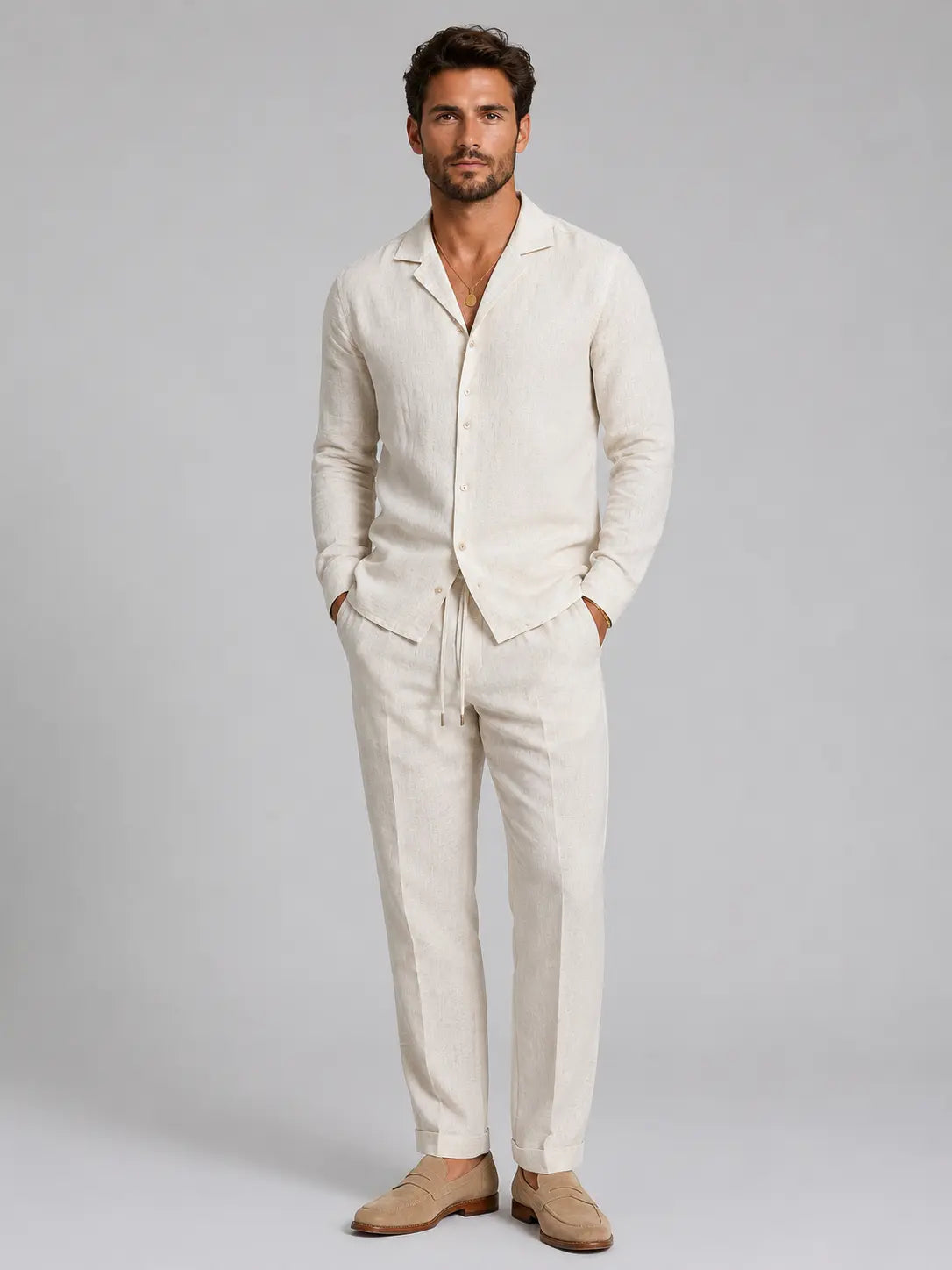 Men's Lightweight Linen-Blend Shirt and Trousers Set | Relaxed Tailored Fit Summer Outfit 0