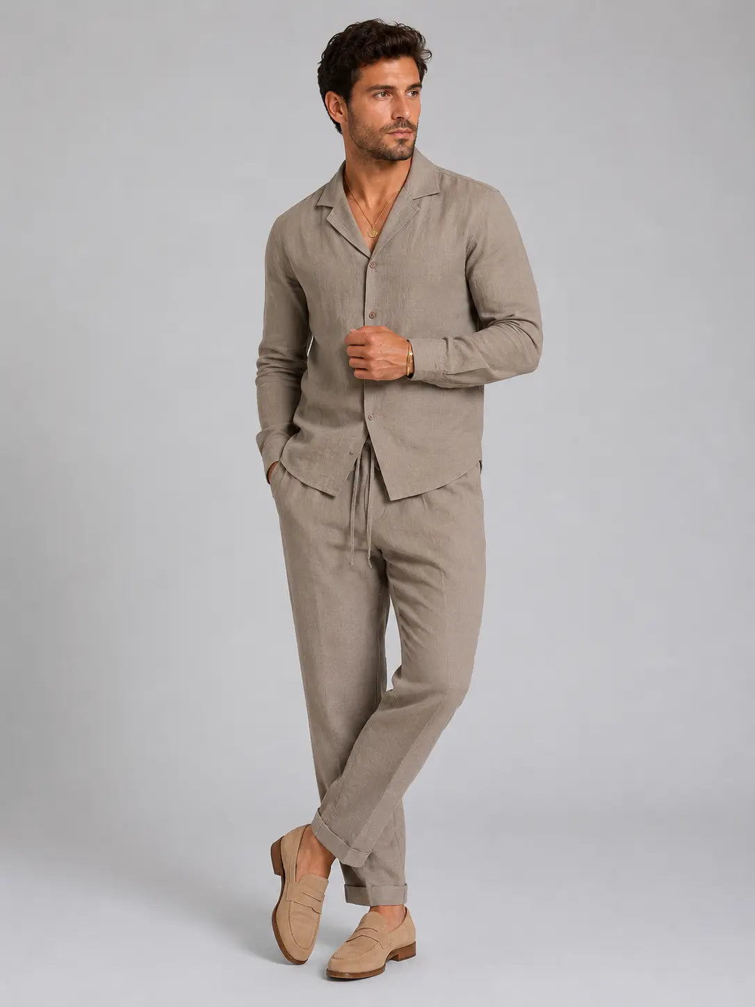 Men's Lightweight Linen-Blend Shirt and Trousers Set | Relaxed Tailored Fit Summer Outfit 3