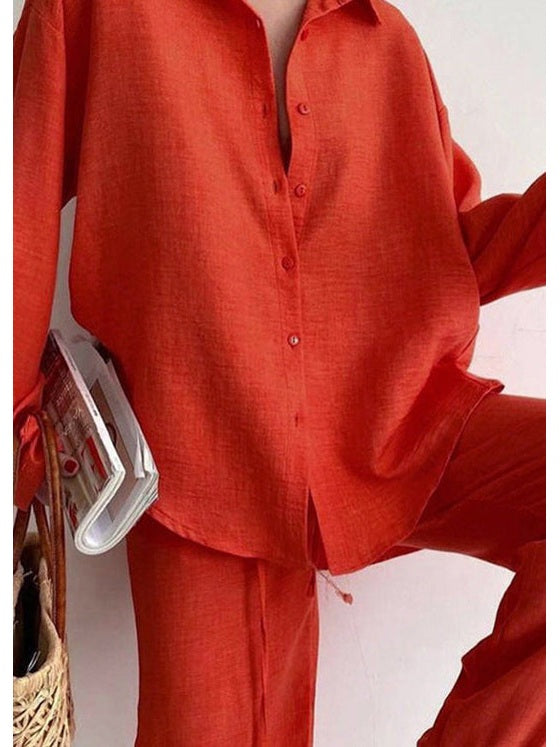 Women's Breathable Linen Two-Piece Set | Stylish Long-Sleeve Blouse and Wide-Leg Pants for Spring & Summer 2