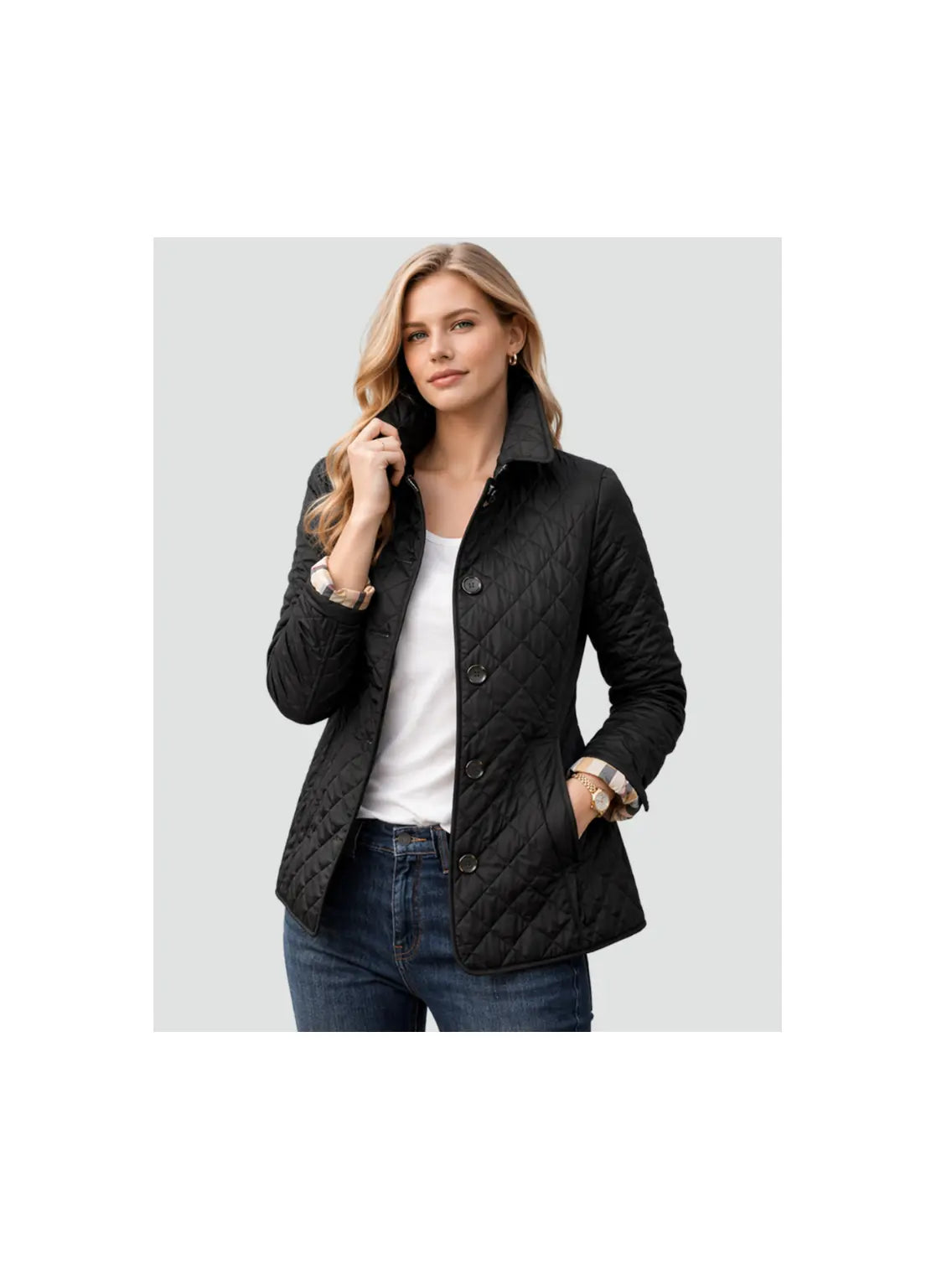 Women's Lightweight Quilted Mid-Season Coat | Elegant Button Closure Jacket with Collar 0