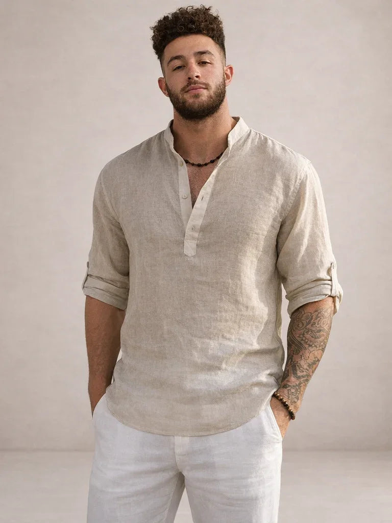 Maddoc | Men's Linen Shirt with Breathable Fabric & Stand-Up Collar | Stylish Comfort for Warm Days 4