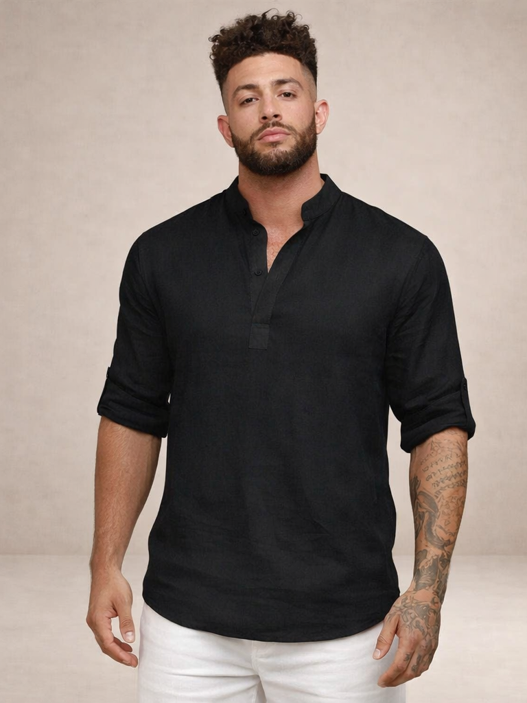 Maddoc | Men's Linen Shirt with Breathable Fabric & Stand-Up Collar | Stylish Comfort for Warm Days 8