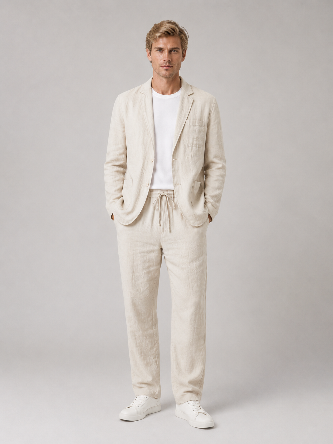 Men's Cotton-Linen Blend Summer Suit | Relaxed Lightweight Blazer and Drawstring Trousers 0