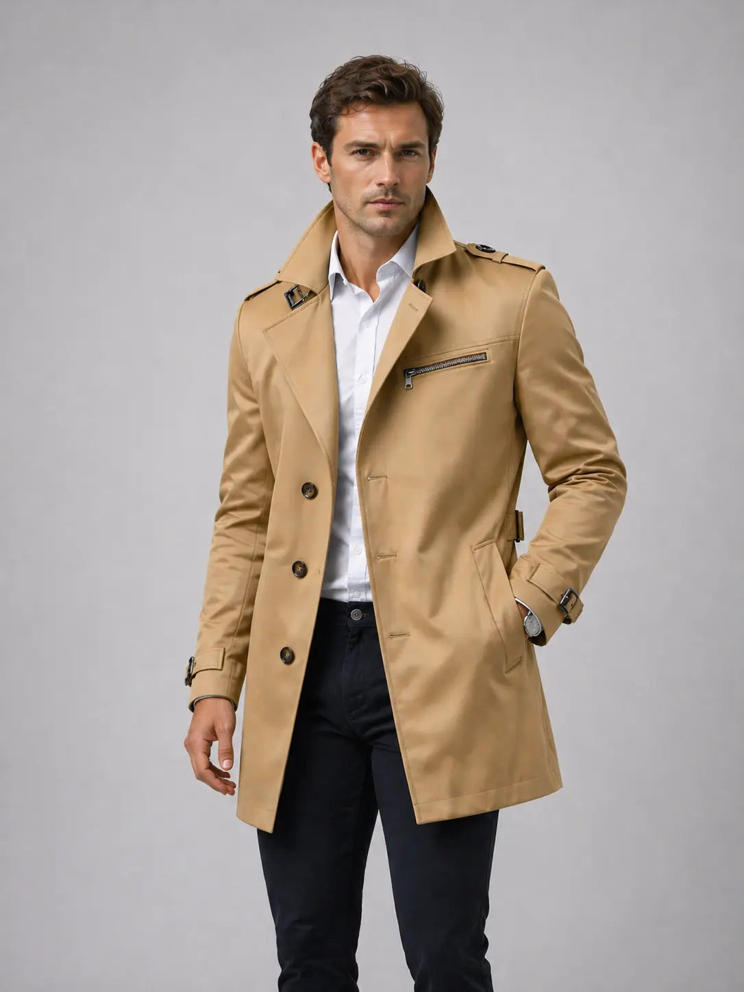 Men's Durable Fabric Tailored Trench Coat | Classic Structured Knee-Length Outerwear 4
