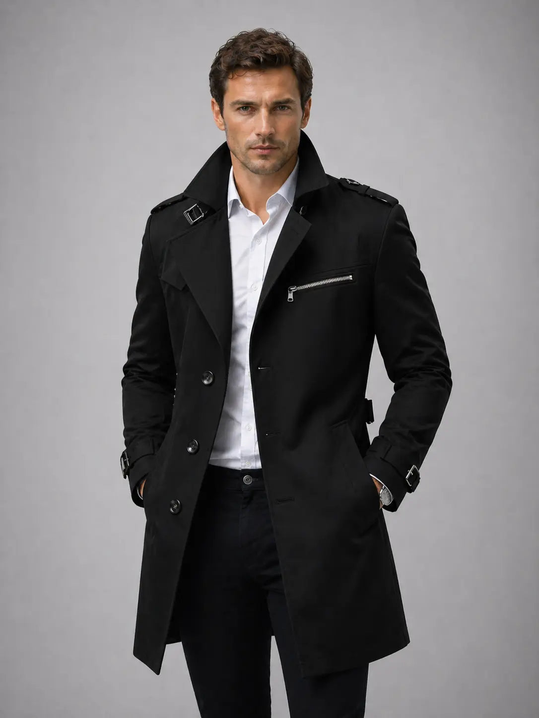 Men's Durable Fabric Tailored Trench Coat | Classic Structured Knee-Length Outerwear 6