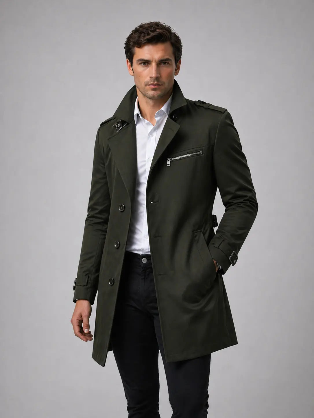 Men's Durable Fabric Tailored Trench Coat | Classic Structured Knee-Length Outerwear 7