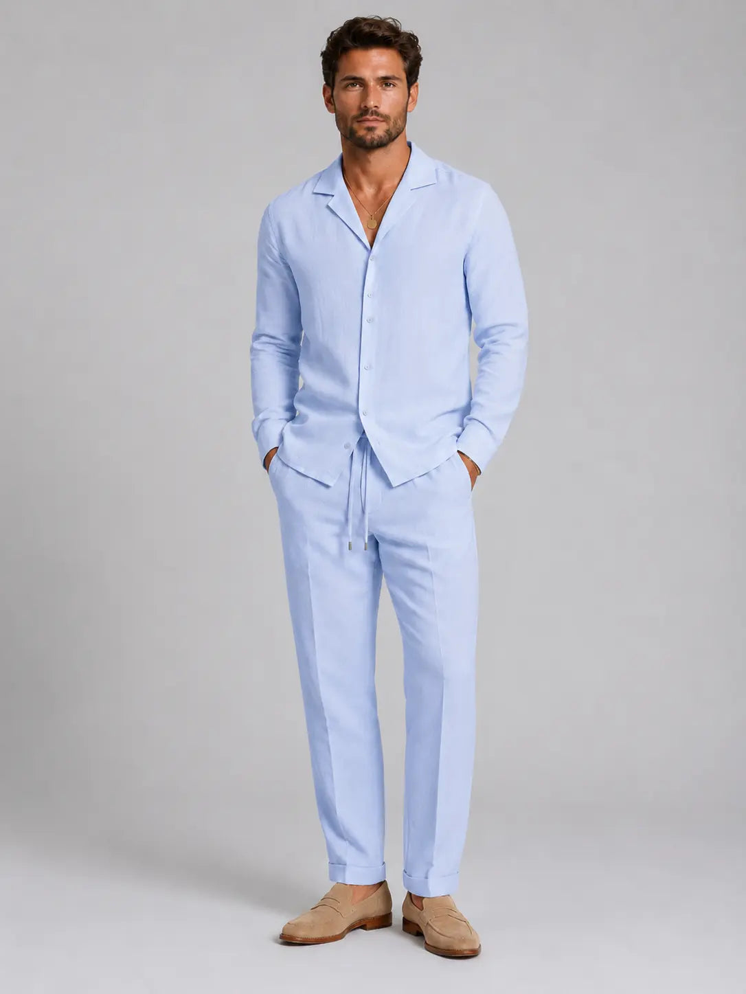 Men's Lightweight Linen-Blend Shirt and Trousers Set | Relaxed Tailored Fit Summer Outfit 4