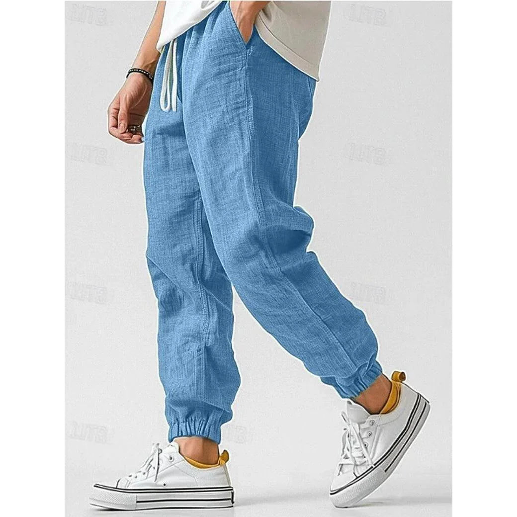 Men's Linen Trousers | Relaxed Fit Jogger Pants with Elastic Waistband | Lightweight Summer Comfort 0