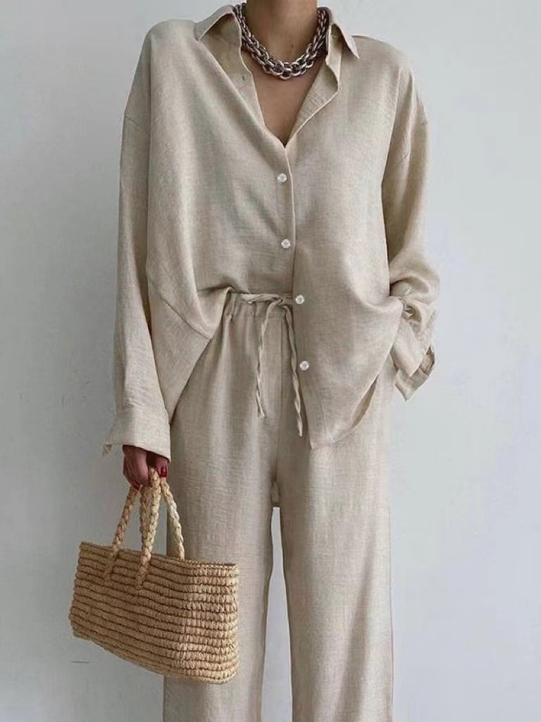 Women's Breathable Linen Two-Piece Set | Stylish Long-Sleeve Blouse and Wide-Leg Pants for Spring & Summer 0