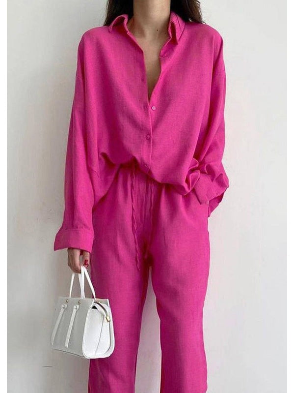 Women's Breathable Linen Two-Piece Set | Stylish Long-Sleeve Blouse and Wide-Leg Pants for Spring & Summer 1